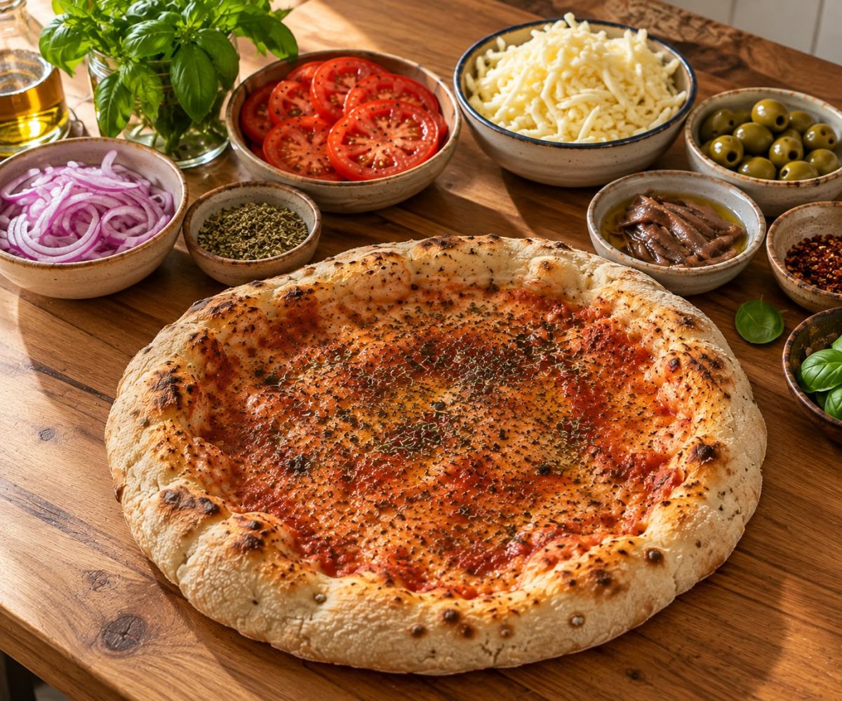 Prepizza de masa madre con tomate, rodeada de ingredientes